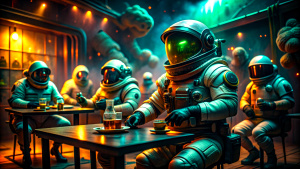 astronaut at a post apocalyptic space station drinking and smoking waterpipe in a bar full of scary aliens