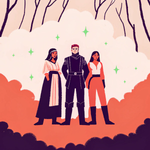 Anna Ularu, Oliver Jackson-Cohen, and Adria Arjona on set of Emerald City. Behind them, a foggy, mystical forest with glowing emeralds scattered around. The actors are dressed in medieval costumes.