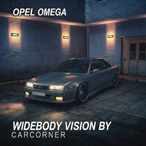 Opel Omega Widebody Vision parked in a dimly lit garage. The car's body lines and front bumper and grille are prominent. Grey walls with soft lighting. Text reads 'Opel Omega' and 'Widebody Vision by Carcorner' at bottom.