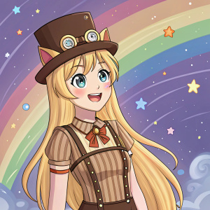 Iroha, a cheerful catgirl with long blonde hair, stands against a vibrant celestial backdrop. Wearing a brown striped blouse, a brown top hat, and various accessories.
