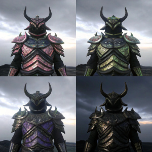The Shock Warden from Remnant: From the Ashes. A fearsome creature with intricate horned helmet, elaborate armor, and dynamic combat pose. Rendered in multiple vibrant color schemes and detailed with a blend of traditional and fantastical design elements.