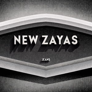 Design for 'New Zayas' logo featuring bold, modern typography. Dark background with white text for main 'New Zayas' in a sleek sans-serif font. Subtle 'Jeans' in a smaller, complementary font at the bottom.