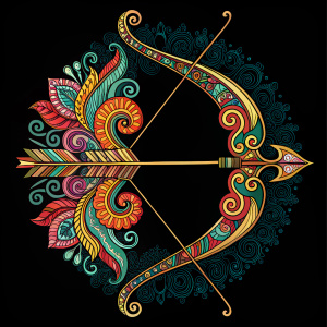 Digital art of Suryaputra Karna with intricate bow design. Vibrant colors on a black background.