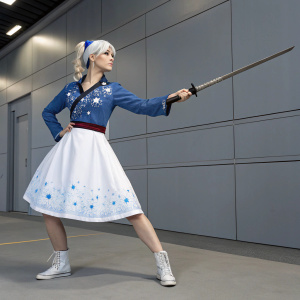 Weiss Schnee, from RWBY, standing confidently with her sword drawn. White skirt and blue top with stars. Indoor setting, gray walls, simple background.