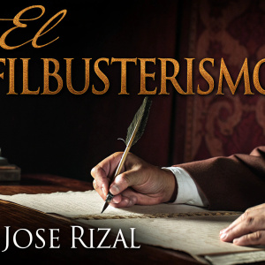 Book cover for 'El Filibusterismo' by Jose Rizal. A close-up of a hand writing in ink on parchment paper. Dark background with warm brown tones. Spanish text in bold, prominent font.