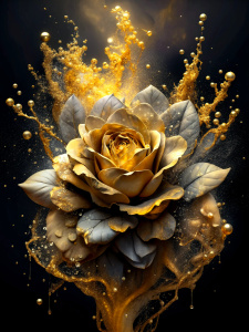 Chinese ink art mixed with gold rose paintings, splashes of colored ink, colored stains, black and gold tones on the empty space. black background