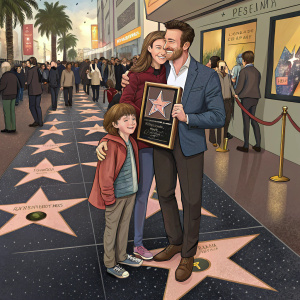 Hugh Jackman and his family standing on the crowded Hollywood Walk of Fame. He holds a star-shaped award in his hand. People are walking around in the background.
