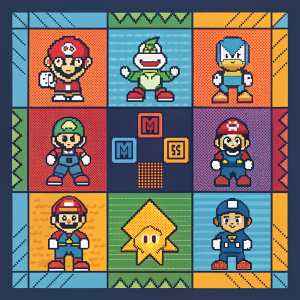 Highly detailed, pixel art design featuring iconic video game characters arranged in a dynamic, colorful grid layout.