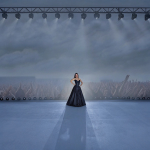 Nargis Fakhri in elegant black evening gown, posing on vibrant stage. Crowd cheering in background