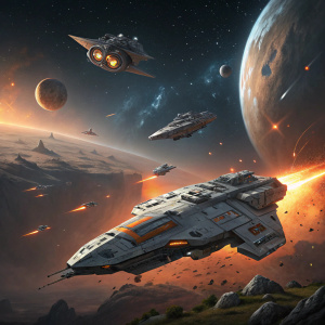 Concept art for Halo 5: Guardians. Futuristic spaceships in a cosmic battlefield. Gray and orange hues. Sleek, angular design. Illustration