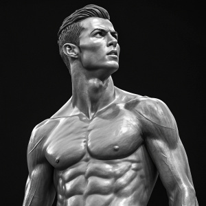 Realistic depiction of a muscular figure, resembling Cristiano Ghelli's style. Detailed muscles highlighted against a plain black backdrop.