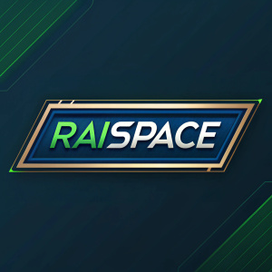 Corporate logo design for Raispace. Clean, modern font. Blue and metallic colors. Dark background with green accents