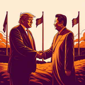 Donald Trump, former US President, and Shinzo Abe, former Japanese Prime Minister, in a formal handshake at a G7 summit. Outdoor setting with flags flying.