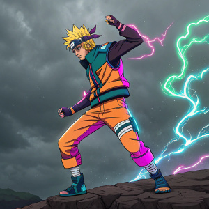 Illustration of Javier Ramírez. Naruto-inspired character in vivid, neon colors. Dynamic pose against dramatic, cloud-like backdrop. Anime style
