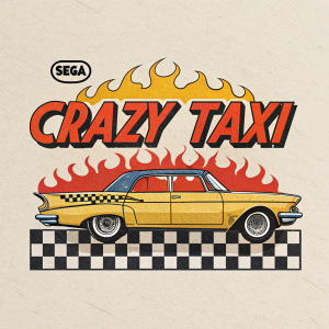 Design 1: 'Crazy Taxi' in bold, fiery font with stylized flames and checkered pattern background. Sega logo positioned prominently.
Design 2: Flat illustration with 'Crazy Taxi' in dynamic, attention-grabbing font surrounded by stylized flames and checkered design elements. Sega logo included.