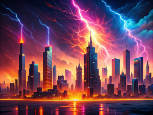 Synthwave city style, fire, lightning