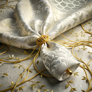 Silvery white silk brocade, the mouth is tied by a golden string, the surface has a light feeling, and the pattern of tree branches is engraved, placed on the same material tablecloth