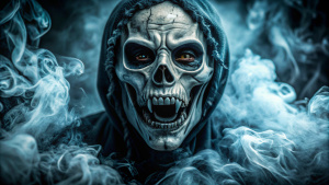 Scary ghost face coming out from dark smoky background, Halloween haunting scene, horror poster design concept.
