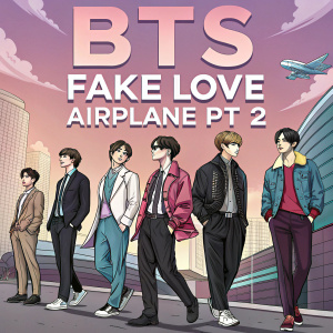 Japanese promotional poster for BTS's 'Fake Love Airplane Pt 2'. BTS members in line formation. Stylish and casual outfits. Vibrant color scheme.