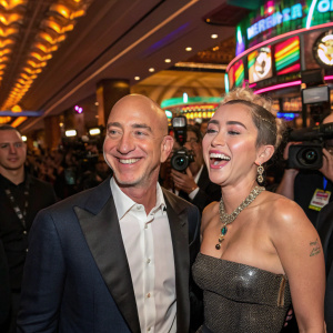 Jeff Bezos and Miley Cyrus at the grand opening of a new casino in Las Vegas. They pose with wide smiles amidst flashing cameras and cheering crowds.
