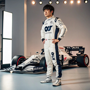 Yuki Tsunoda in a sleek white racing suit with bold logos of ORLEN, HONDA, and ALPHATAURI. Posing in front of a racing car in a professional studio setting.