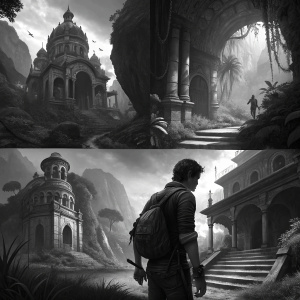 Notable concept art for Uncharted 4: A Thief's End by Naughty Dog. Monochromatic scenes featuring intricate characters and architecture. Each piece exudes dramatic lighting and meticulous detail.