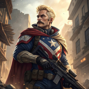 Digital art of Soldier: 76. Blonde hair, mustache, determined face. Patriotic outfit with cape. Holding futuristic rifle. Background: war-torn ruins, glowing