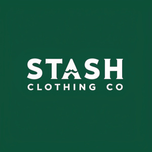 Stash Clothing Co logo, bold 'Stash' in white, 'Clothing Co' in green, minimalist design