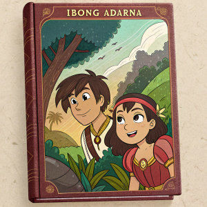Cartoon-style DVD cover of 'Ibong Adarna'. Characters in a Filipino fantasy tale. Rich, aged texture. Vibrant colors. Fantasy elements.