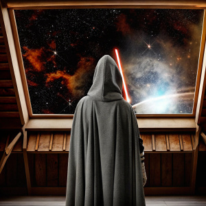Ahsoka Tano, dressed in gray cloak, stands amidst a vibrant galaxy-themed backdrop with swirling colors and stars.