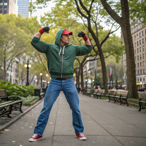 Terry Bogard, flexing muscles in a street gym scene. Green hoodie, blue jeans. City park in background
