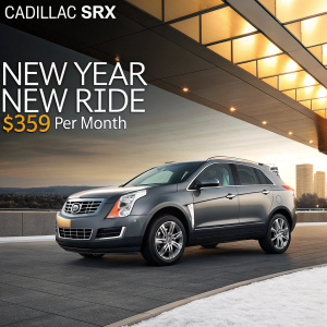 Promotional image of the new Cadillac SRX model. Highlighting lease offer of $359 per month for 38 months. Event banner for New Year New Ride.