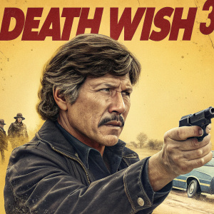 Blu-ray cover for 'Death Wish 3'. Charles Bronson, Caucasian male with mustache, center stage. Holding a handgun. Background: blurred car and vague figures. Earthy yellow tones.