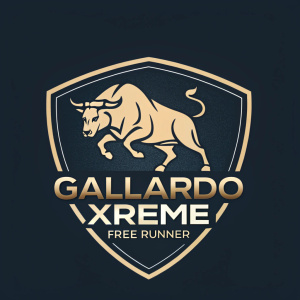 Logo for Lamborghini Gallardo. Bull emblem in bold, dynamic stance. Text reads 'GALLARDO Xreme Free Runner' below. Emphasizes brand's adventurous spirit. Dark background, metallic colors.