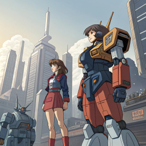 Fan art of GunBuster series. Two distinct female characters in a futuristic cityscape, standing beside colossal mecha.