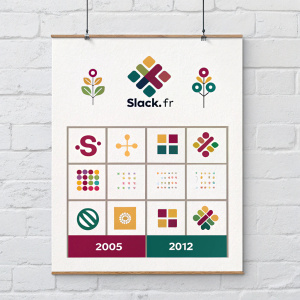 Timeline of Slack.fr logo evolution from 2005 to 2012, displayed in a grid layout.