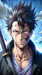 Anime guy with a sword and a scar on his face