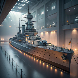A detailed 3D render of a German World War II battleship, showing its complex structure and intricate design in a futuristic setting.