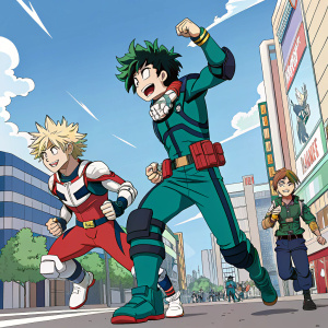Illustration showcasing vibrant scenes from My Hero Academia featuring dynamic poses and an array of characters.