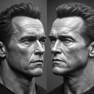 High-definition renderings of Arnold Schwarzenegger's face in black and white. Various angles and detailed facial features