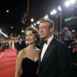 Richard Mulligan and Cathryn Damon are seen at a glamorous film premiere. Dressed in elegant evening wear, they pose in front of a bustling red carpet. Flashing lights and paparazzi surround them.