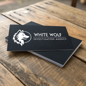 Business cards for the White Wolf Investigation Agency. Modern, sleek design featuring a wolf head silhouette logo. Predominantly black with white text, displayed on a rustic wooden table.