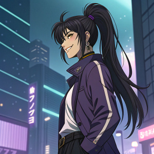 Yoru, a vibrant anime character, long black hair tied in a high ponytail, wearing a stylish outfit. Standing confidently with a playful smirk in a futuristic cityscape background, neon lights casting shadows.