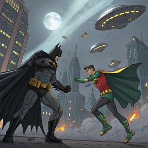 In the midst of an alien invasion, Batman and Robin, both in iconic costumes, are seen fighting off extraterrestrial foes. Batman, with a grim expression, is standing his ground. Robin, on the other hand, is acrobatically leaping through the air, taking down enemies with swift kicks and punches. The city behind them is in chaos, skyscrapers crumbling under the onslaught of hostile ships.