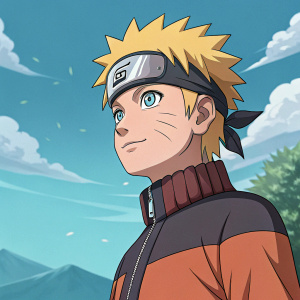 Illustration of Naruto Uzumaki from Naruto series. Anime style, vibrant colors, detailed expression. Naruto wears a high-collared jacket and a forehead protector. Cartoonish design with soft lines and vivid hues.