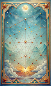 tarot card, stars, points, rhombuses, golden lines, baroque rectangular frame