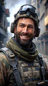 realistic figure character, photo, modern soldier, az Call of Duty Modern Warfare game, in the background the street of the destroyed city, ugly day, rain, kind smile, full face