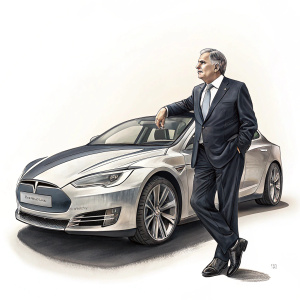 Ratan Tata, Chairman of Tata Group, standing beside a luxurious Tesla Model S. Clean white background.