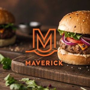 Creative logo design for a trendy burger joint called Maverick. The logo features a bold, stylized 'M' in vibrant orange against a rustic brown backdrop, with the word Maverick written in a sleek, modern font beneath the 'M'.