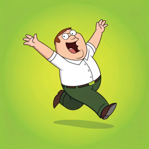 Peter Griffin, from Family Guy, mid-jump with arms spread wide, joyfully floating against a solid neon green background.